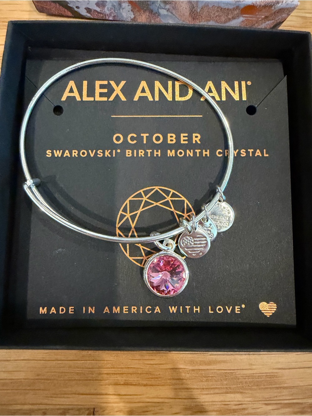 Alex and Ani Silver Bangle with Pink Swarovski October Charm